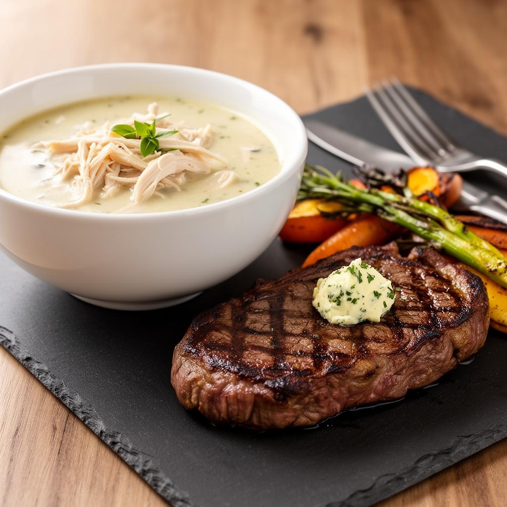 Supă cremă de pui și friptură la grătar — catering Cluj