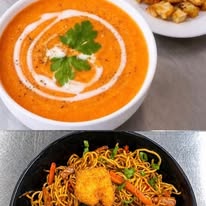 Supă cremă de roșii cu crutoane și paste cu legume — catering birou Cluj