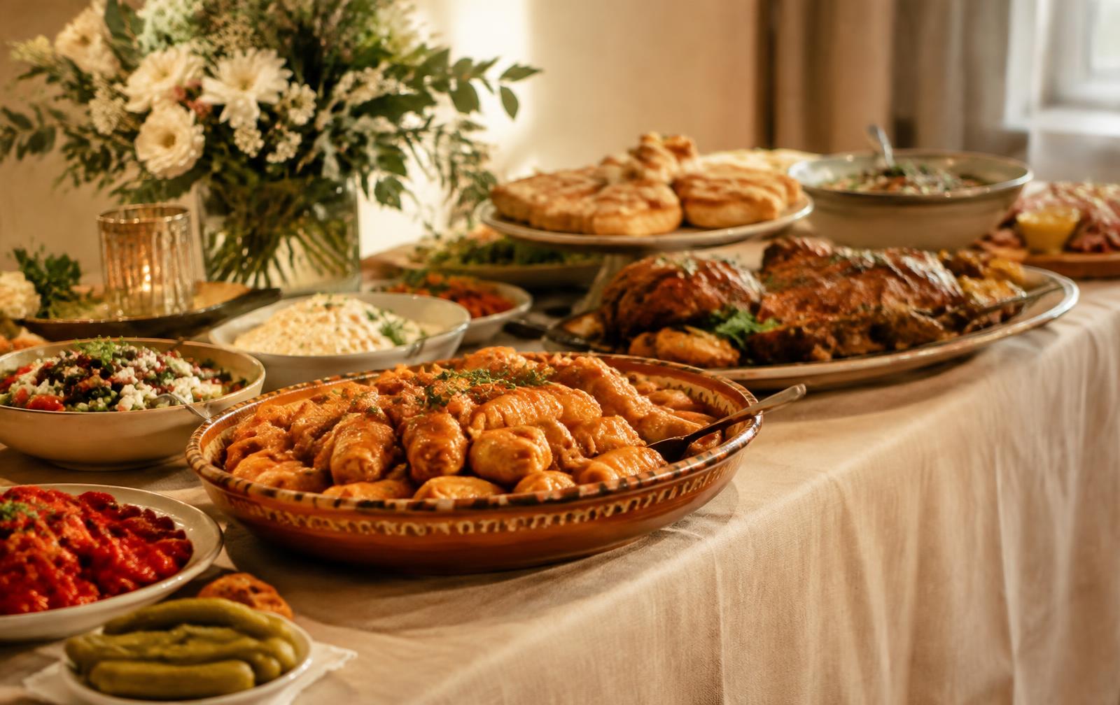 Masă de catering cu sarmale, friptură și salate — Optim Catering Gilău
